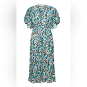 ! NWT New $325 GANNI Multicolor V-Neck Midi Floral Azure Blue Dress Size 2…